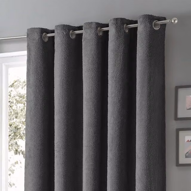 Velosso Charcoal Teddy Fleece Blackout Eyelet Curtains, Thermal Insulating, W: 228 cm, H: 228 cm