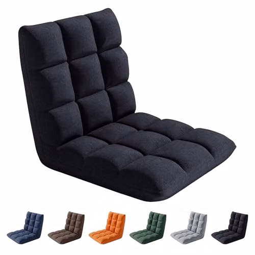 MCC Direct Adjustable Folding Floor Chair in Black with Metal Frame and Padded Fabric Seating