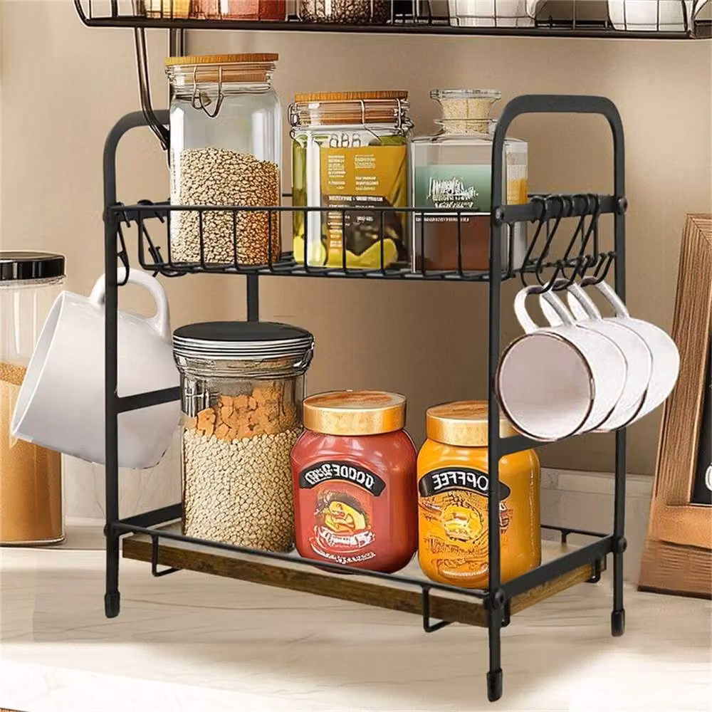 EONLION Black Metal Freestanding Coffee Mug Holder and Basket Rack with Shelf, W: 100 cm, H: 35.5 cm, D: 32 cm – 3