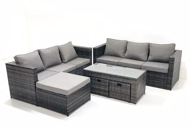 Fimous Modern Outdoor Rattan Furniture Set in Grey with 3-Seater Sofa, 2-Seater Sofa, Coffee Table and Ottomans