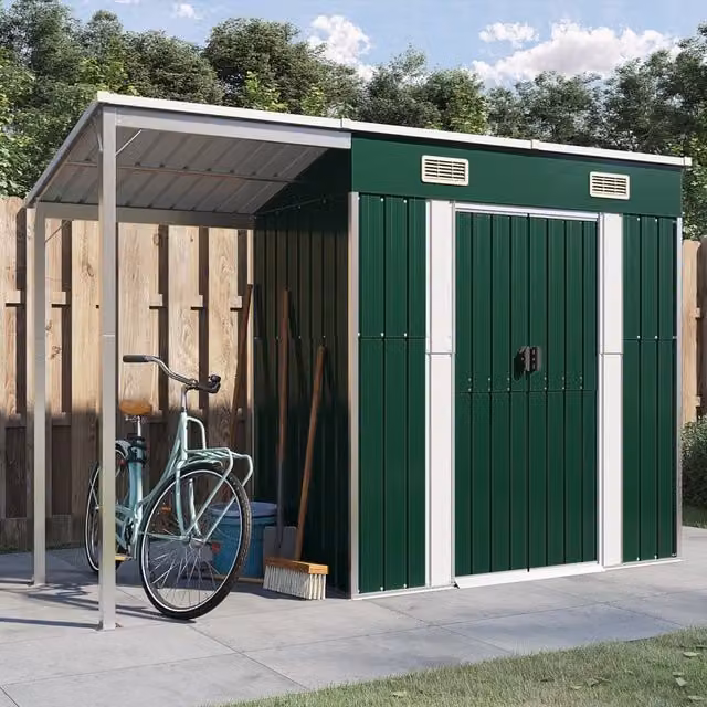 Berkfield Home Garden Shed with Extended Roof, Green, W/D/H: 277 x 110.5 x 181 cm, Galvanised Steel