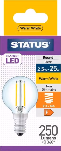 Status Warm White Vintage LED Globe Filament Bulb, E14 SES, Transparent Glass, 2.5W (25W Equivalent)