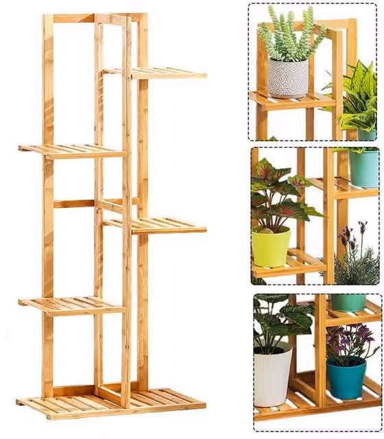 Garden Sanctuary Rustic Brown Wooden Multi-Tiered Plant Stand, H 103.0 x W 45.0 x D 22.0 cm