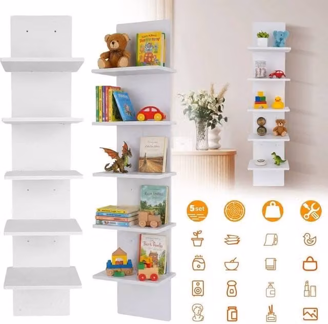 KORVIXA 5 Tier White Wall Mounted Floating Storage Shelf Unit W/H: 100 x 100 cm