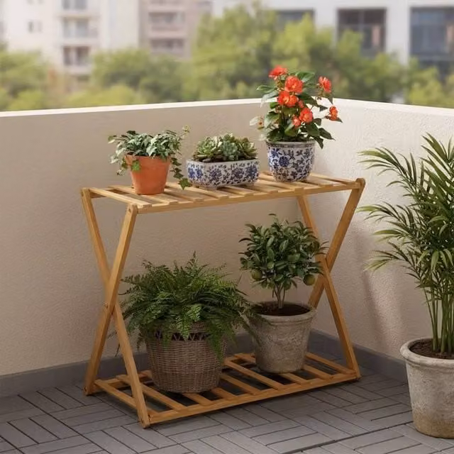 FORGEVIO 2-Tier Natural Wood Plant Stand in Brown and Beige