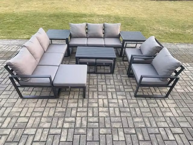 Fimous L-Shape Aluminium Outdoor Garden Furniture Set in Dark Grey with 3-Seater Sofa, Coffee Table and Matching Ottomans