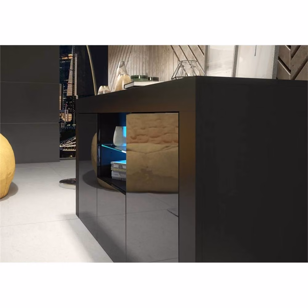 FORGEVIO Modern Black TV Unit Cabinet with Black Matt Body and Black Gloss Doors – 2