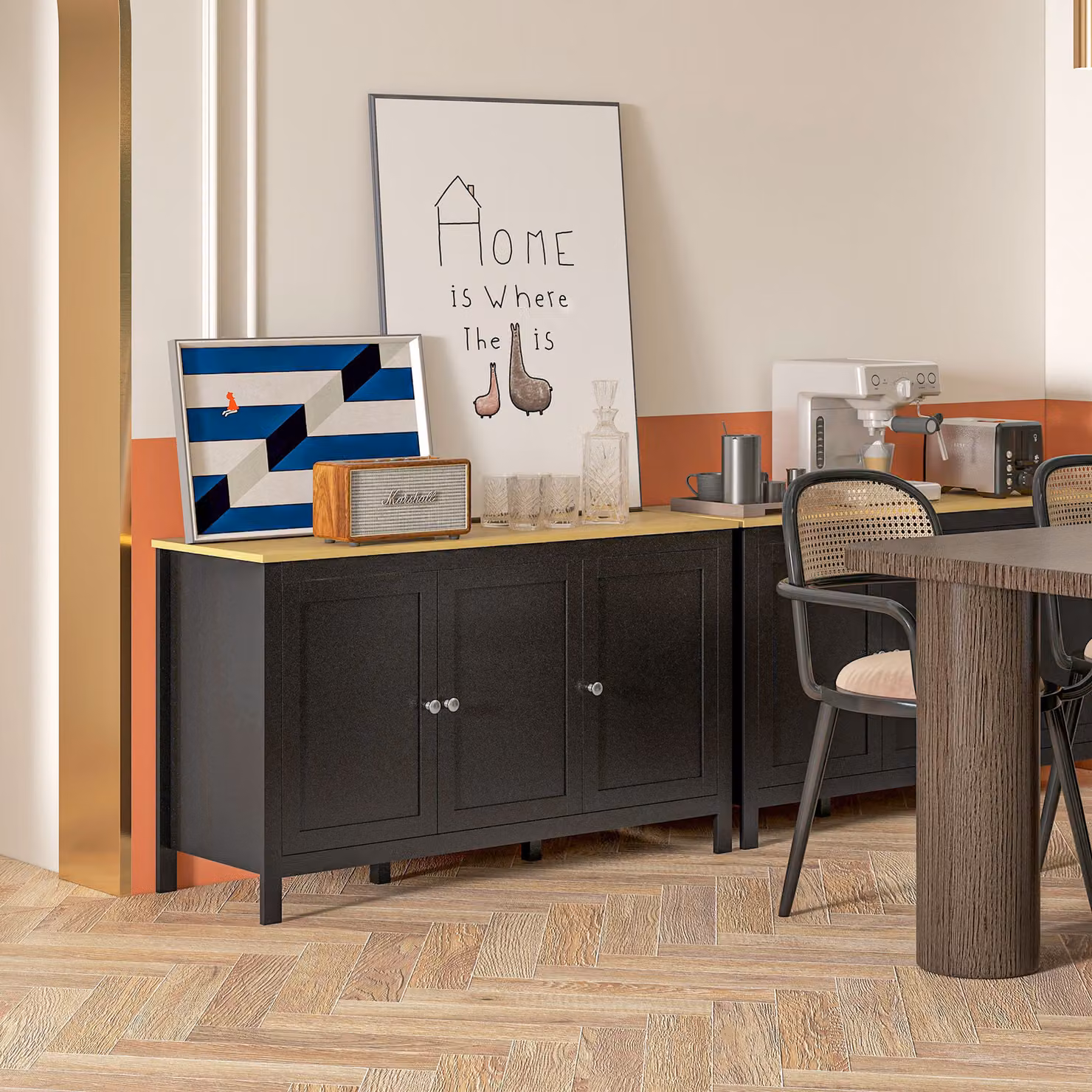 HOMCOM Black and Natural Sideboard Buffet Cabinet with Doors and Adjustable Shelves – 2