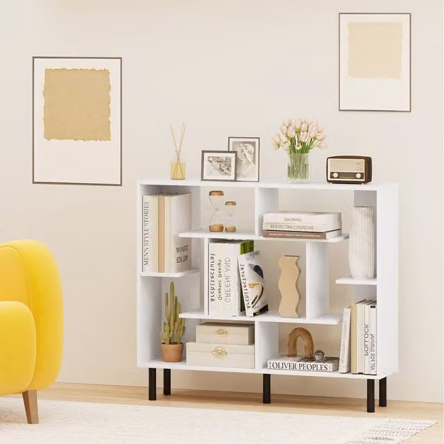 Costway Modern Geometric Freestanding Cube Display Shelf with Back Panel in White