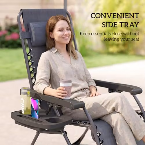 Outsunny Set of 2 Zero Gravity Garden Chairs in Grey with Adjustable Headrest, Side Tray and Cup Holders – 6