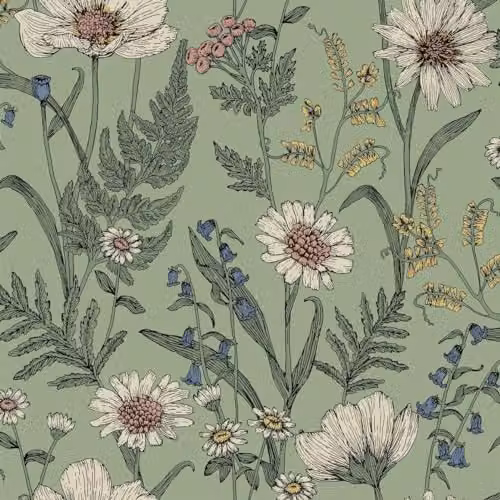 Fine Decor Wild Meadow Botanical Floral Washable Wallpaper in Green, Roll W: 53 cm, L: 52 cm