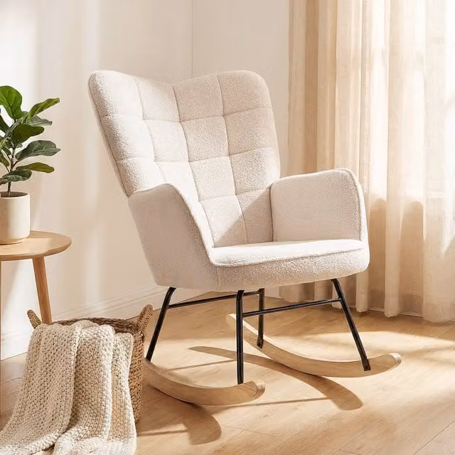 HOMCOM Beige Berber Fleece Wingback Rocking Chair and Nursery Glider with Armrests