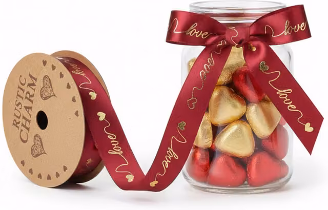 Kingsbury Gifts Red Satin Ribbon with Love and Heart Theme, 10m x 2.5cm