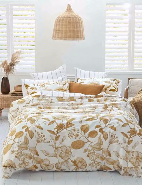 MM Linen Botanical Ochre and White Floral Pure Cotton Duvet Cover Set, W: 200 cm x H: 200 cm