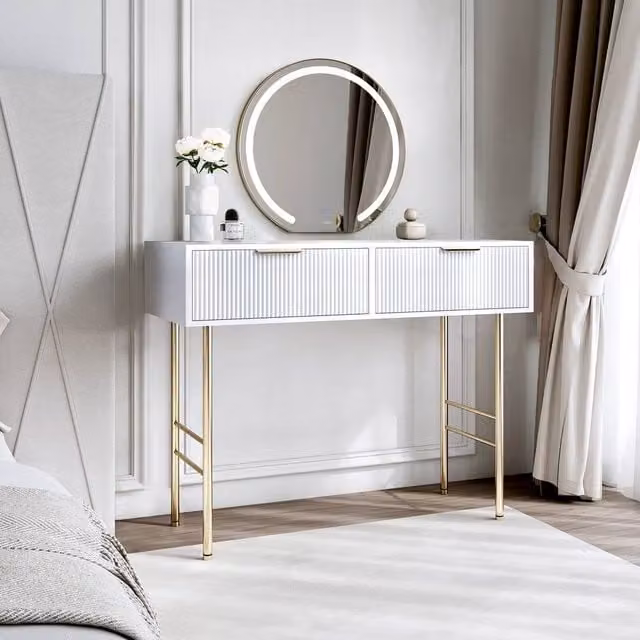 CARME HOME Esme White Dressing Table with Maisie LED Wall Mounted Mirror – 1