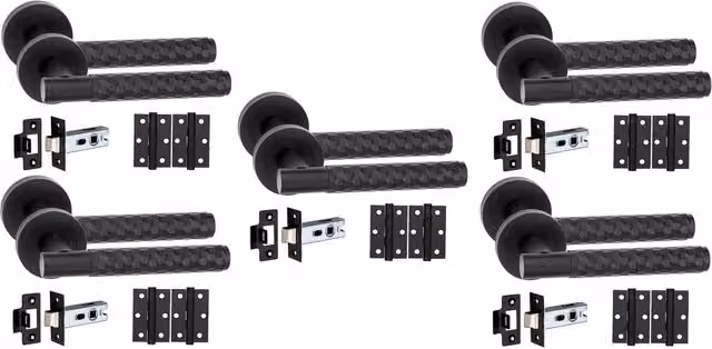 Golden Grace Matt Black Knurled Hex Cut T-Bar Door Handle Set with Latch and Ball Bearing Hinges, 5 Pack
