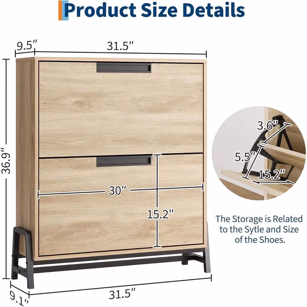 Havendro Narrow Hidden Shoe Storage Organizer Cabinet with 2 Tilting Drawers in Light Oak – 2