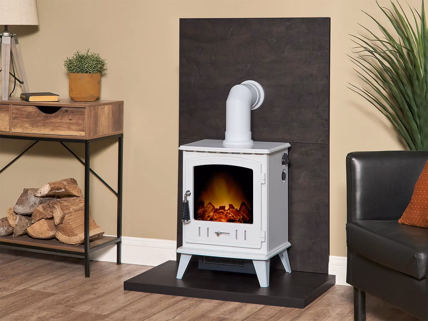 Acantha Tile and Hearth Set in Bronze Venetian Plaster Effect with Aviemore Electric Stove and White Angled Pipe – 2