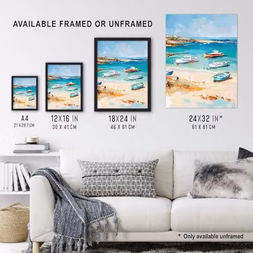 Artery8 Sandy Beach Bay Fishing Boats Coastal Landscape Wall Art Poster Print, Multicolour, W: 45.72 cm x H: 60.96 cm – 3