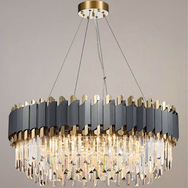 Dark Carbon and Gold Postmodern Pendant Chandelier in Black and Gold/Brass with Crystal Details, Height: 100 cm