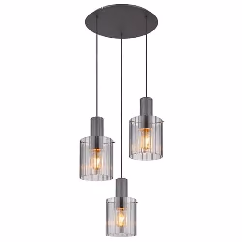 Globo Lighting Modern Grey Smoked Glass and Metal Pendant Light with 3x E27 Sockets, Diameter: 48 cm, Height: 150 cm – 1