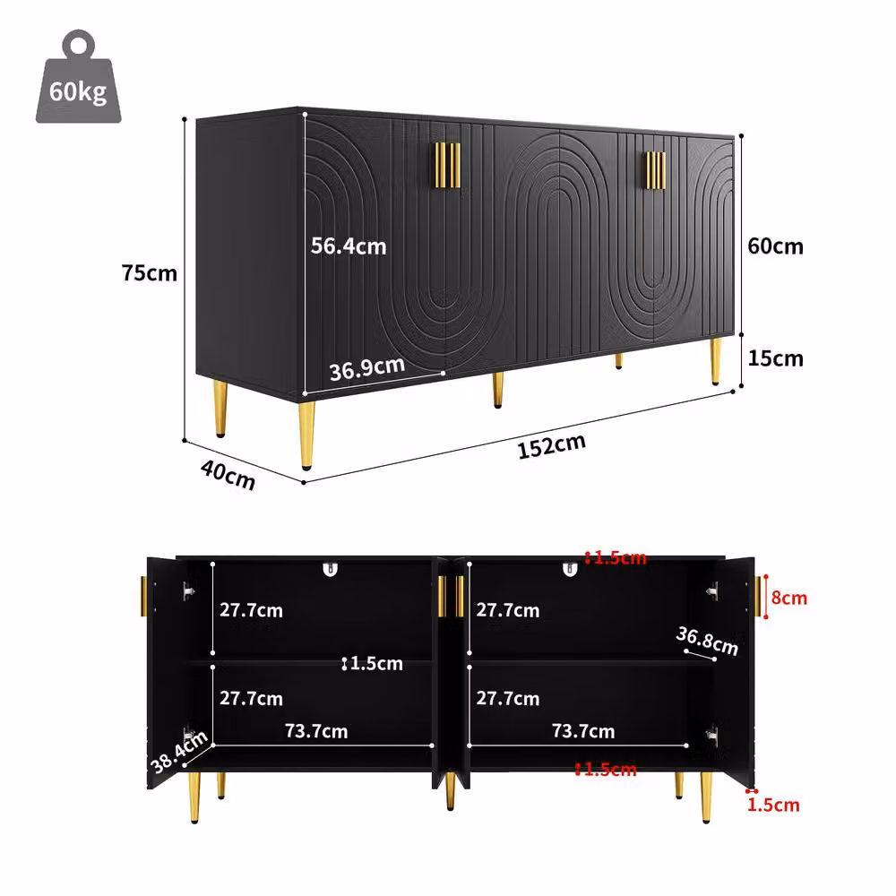 BTM Black and Gold Modern Sideboard with Wave Design Handles and Feet, W/D/H: 75.0 x 40.0 x 40.35 cm – 2