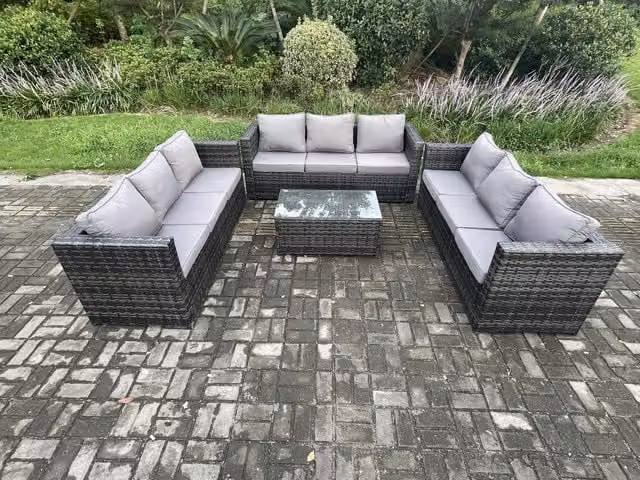 Fimous Outdoor Lounge Sofa Set with Oblong Coffee Table in Dark Grey Mixed Rattan and Glass