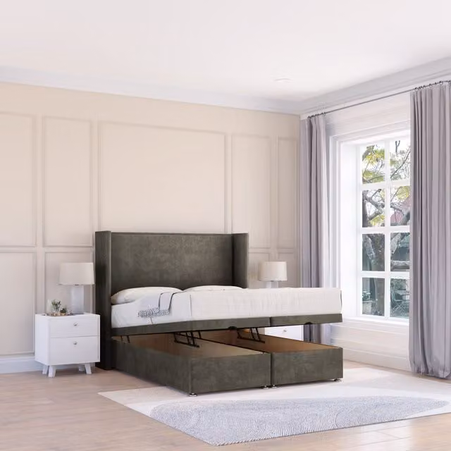 Sloomy Devonshire Dumfries Small Single Fabric Ottoman Bed with Hybrid Memory Mattress and 54 Inch Winged Headboard in Grey