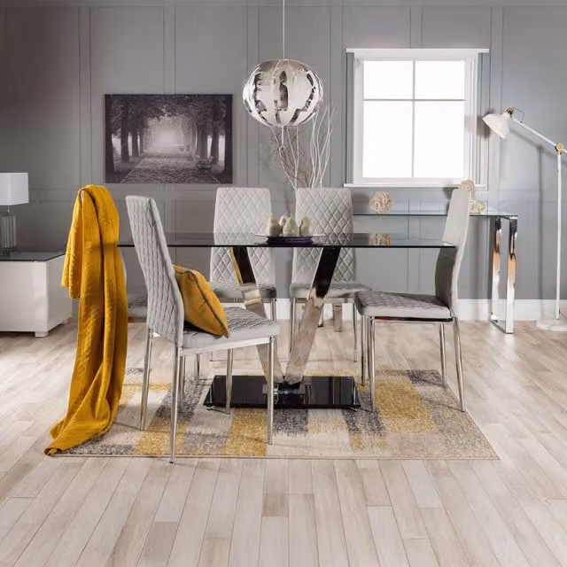 FurnitureboxUK Florini Black Glass and Chrome Metal Dining Table and 6 Milan Grey Faux Leather Dining Chairs Set, W/D/H: 140 x 80 x 75 cm
