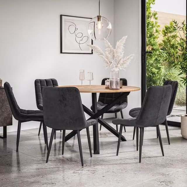 More4Homes Malvern Round Dining Table and Set of 6 Nova Velvet Chairs with Oak Top and Black Legs