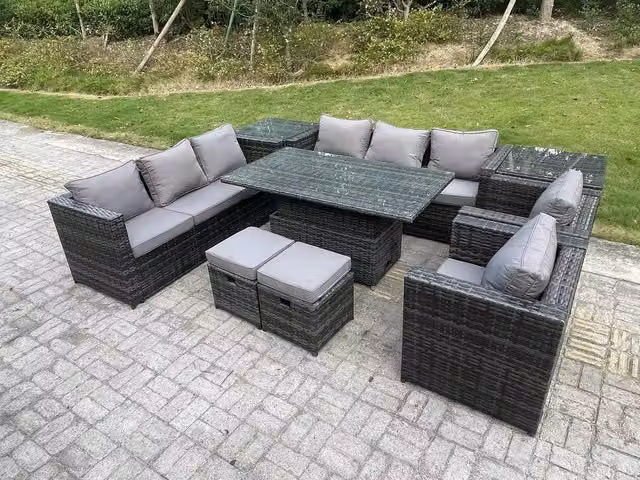 Fimous 9 Seater Outdoor Rattan Garden Furniture Set with Adjustable Rising Lifting Dining Table, Side Table, Chairs and Stools in Dark Grey