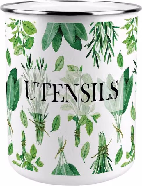 Purely Home Green Herbs Freestanding Metal Kitchen Utensil Holder in Green and White