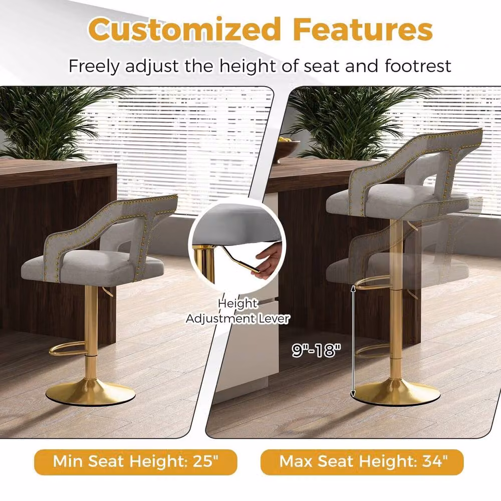 Gymax Set of 2 Adjustable Swivel Bar Stools in Grey Dutch Velvet – 4
