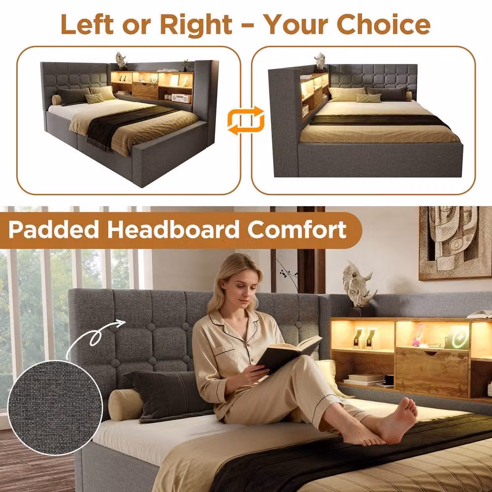 Merax Grey Upholstered Single Storage Daybed with LED, USB Charging Port and Bedside Shelf, W/D/H: 90 x 190 x 86 cm – 6