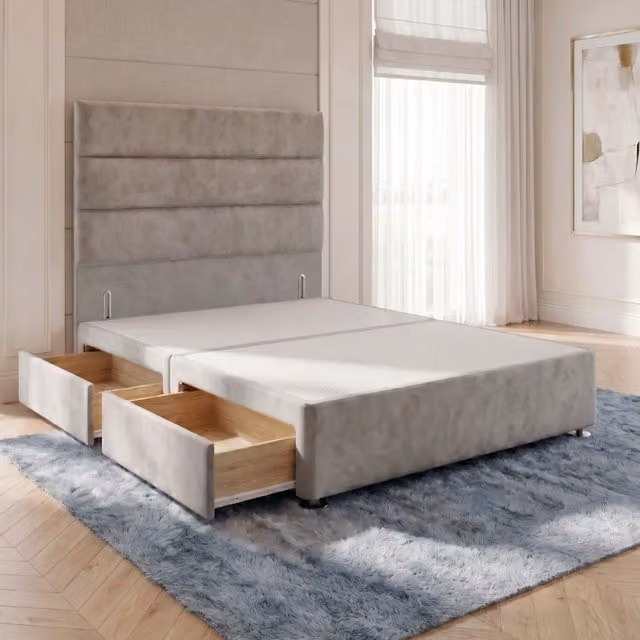 Horizona Silver Velvet Divan Bed Base with 54 inch Floor Standing Headboard and 2 Drawers, W/D/H: 90 x 190 x 34.5 cm
