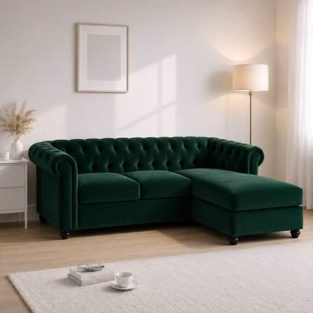 Sofaya Hampton 3 Seater L Shape Chesterfield Sofa in Green Velvet with Right Hand Chaise