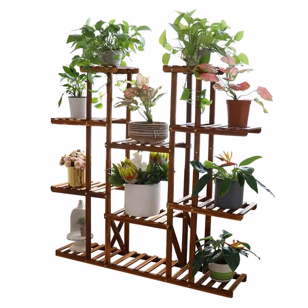 NESTLUNE Multi Tier Wood Plant Stand Display Flower Rack in Brown, W/D/H: 100 x 15 x 116 cm – 4