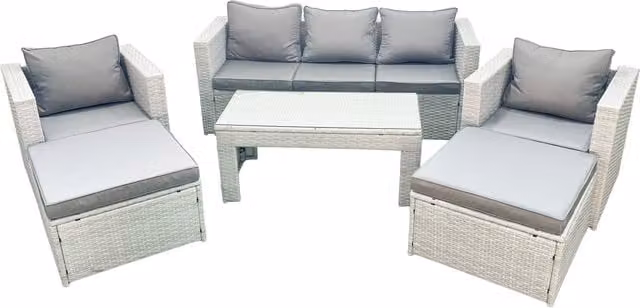 Fimous 7 Seater Rattan Garden Furniture Set in Light Grey with Outdoor Sofa, 2 Chairs, Oblong Coffee Table and 2 Stools