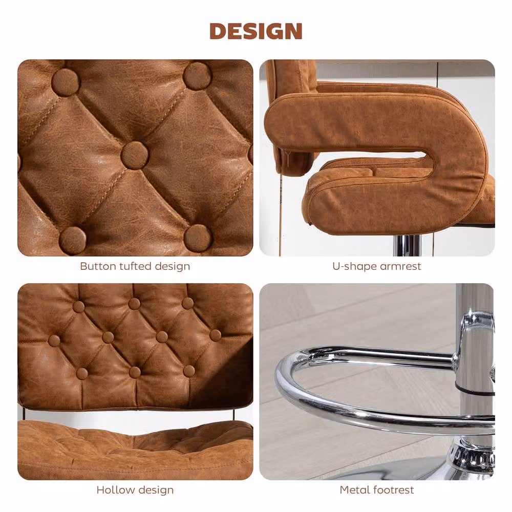 STILVORA Brown Adjustable Swivel Bar Stool with Armrests and Synthetic Leather Upholstery – 6