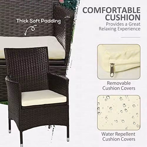 Outsunny 2 Piece Brown Polyrattan Outdoor Armchair Set with Removable Weather Resistant Cushions – 6