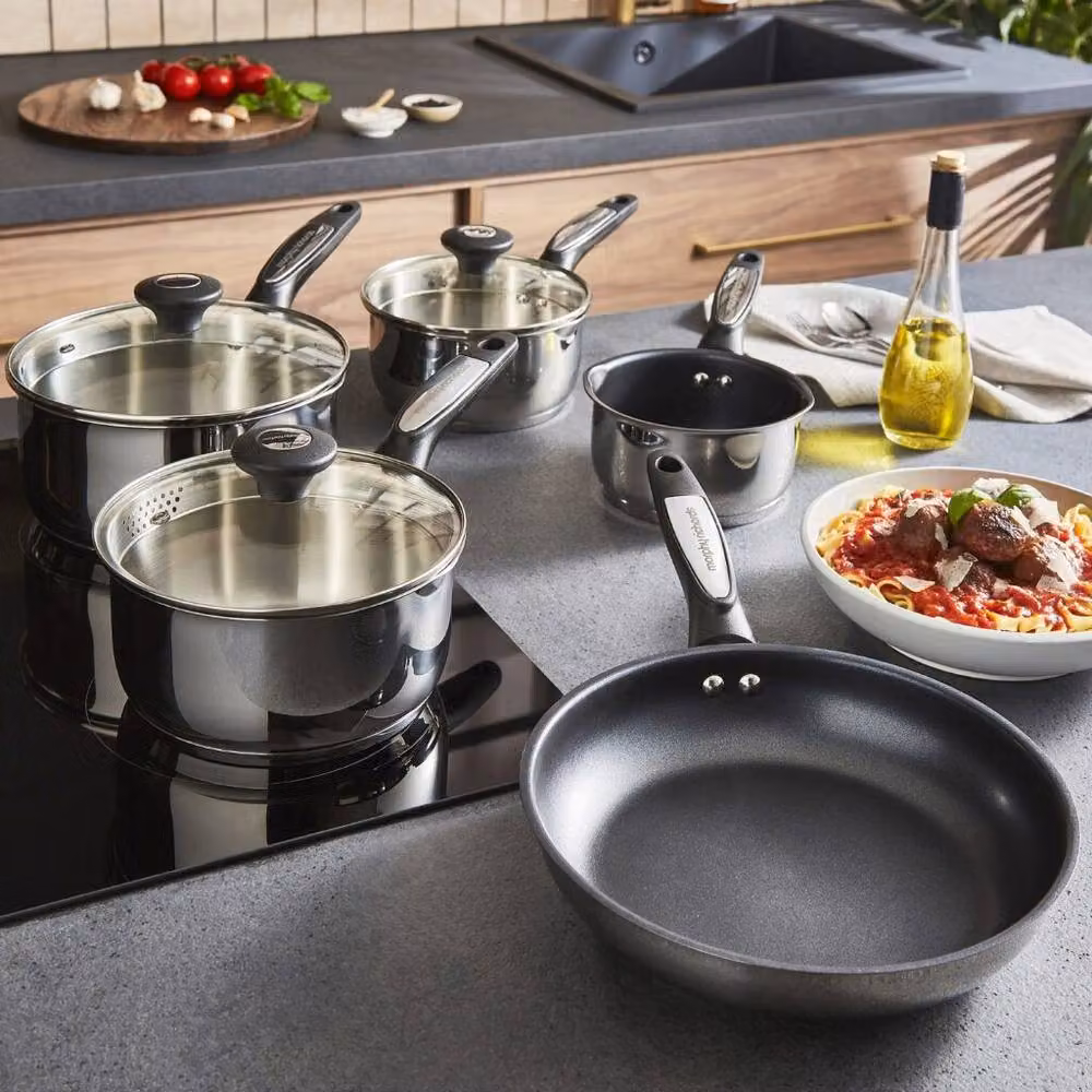 Morphy Richards 5 Piece Stainless Steel Pan Set with Ceramic Coating and Glass Lids in Silver – 6