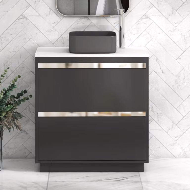 Royal Bathrooms Orion 800mm Matt Obsidian Black Floor Standing Vanity Unit with 2 Drawers, Plain White Countertop and Art Square Basin with Chrome Accent Trim