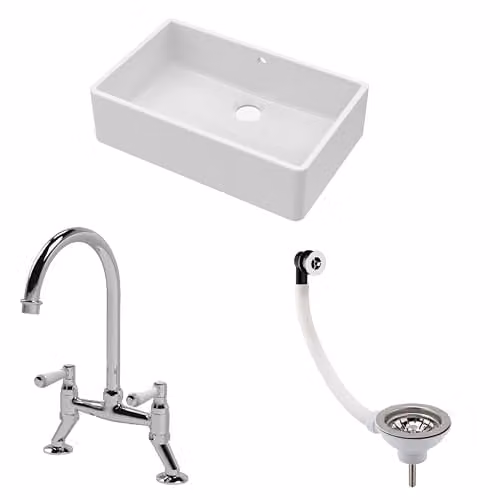 Balterley White Ceramic Butler Sink with Bridge Lever Mixer Tap and Waste, Single Bowl Apron Front Farmhouse Sink in White and Chrome