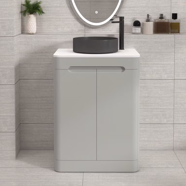 Royal Bathrooms Venice 600mm Floor Standing 2 Door Vanity Unit in Dove Grey with Plain White Worktop and Art Deco Round Basin