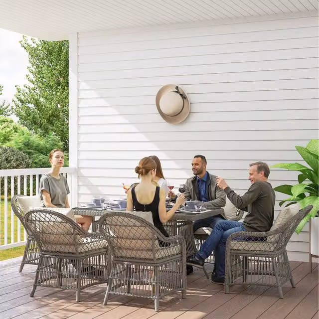 Outsunny 6 Seater Grey Rattan Dining Set with Powder Coated Aluminium Frame