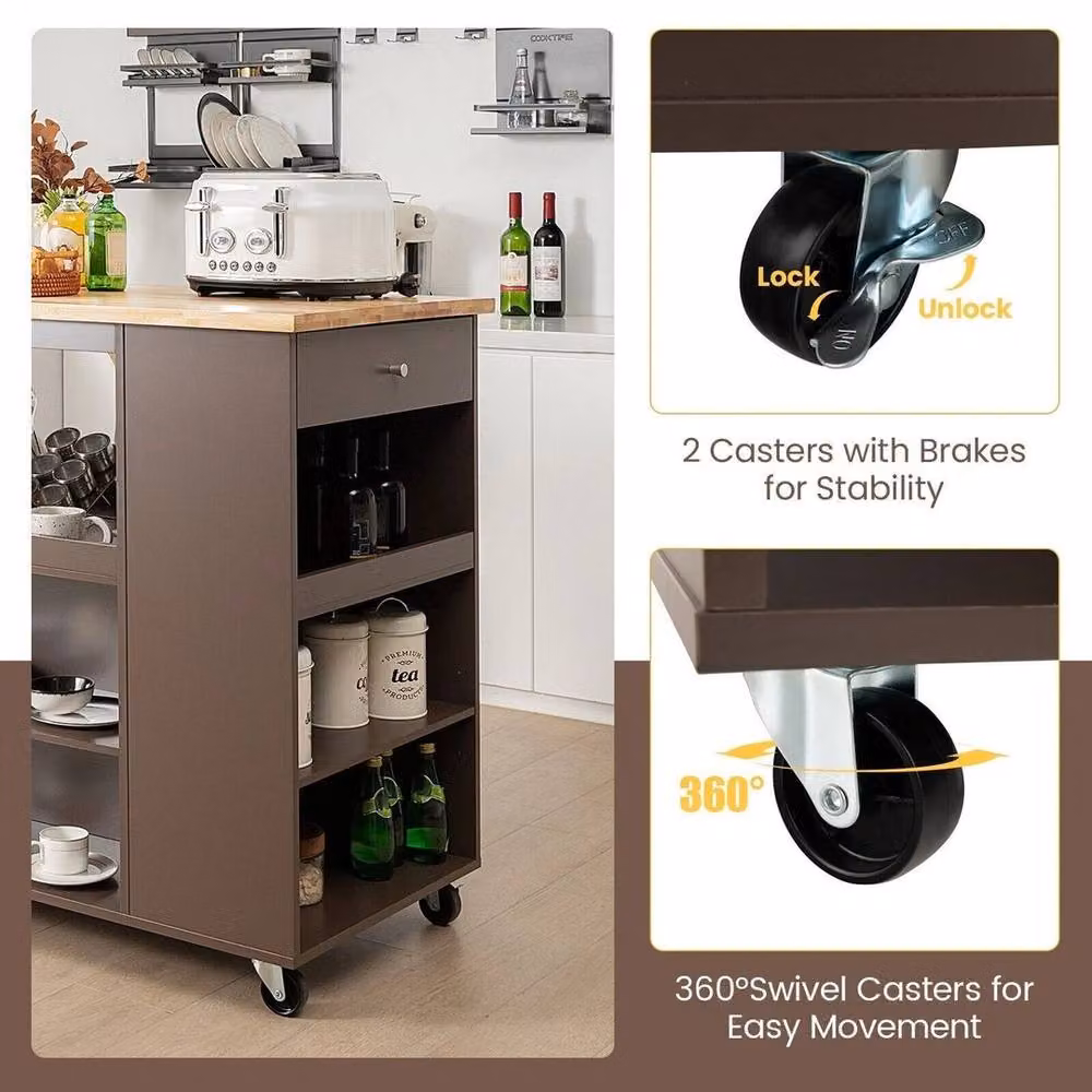 Kelvenix Brown Rubberwood Mobile Kitchen Island Rolling Serving Trolley Cart – 5