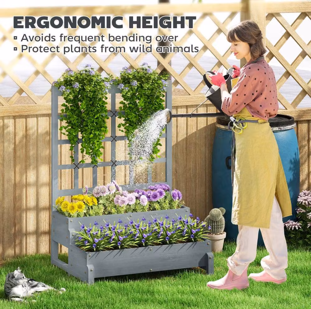 STILVORA 2-Tier Wooden Raised Garden Bed with Trellis in Grey, W/D/H: 121 x 66 x 88 cm – 5