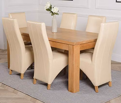 Thats Furniture Dakota Oak Dining Table and 6 Lola Upholstered Leather Chairs Set in Ivory, W: 182 cm, D: 92 cm