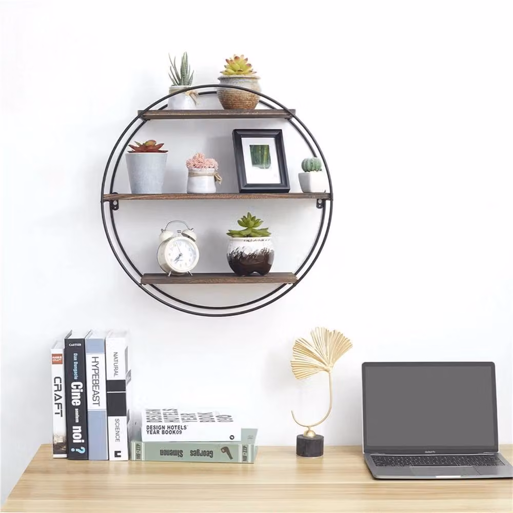 KORVIXA Large Vintage Brown Pine and Metal Wall Mounted Floating Shelves – 2