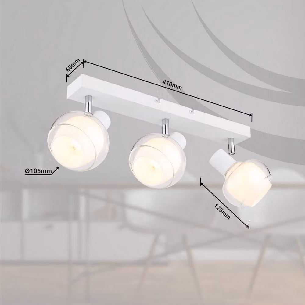 Globo Lighting Modern White and Chrome Ceiling Spotlight Bar with Transparent Glass Shades, 3x E14 Bulbs – 5
